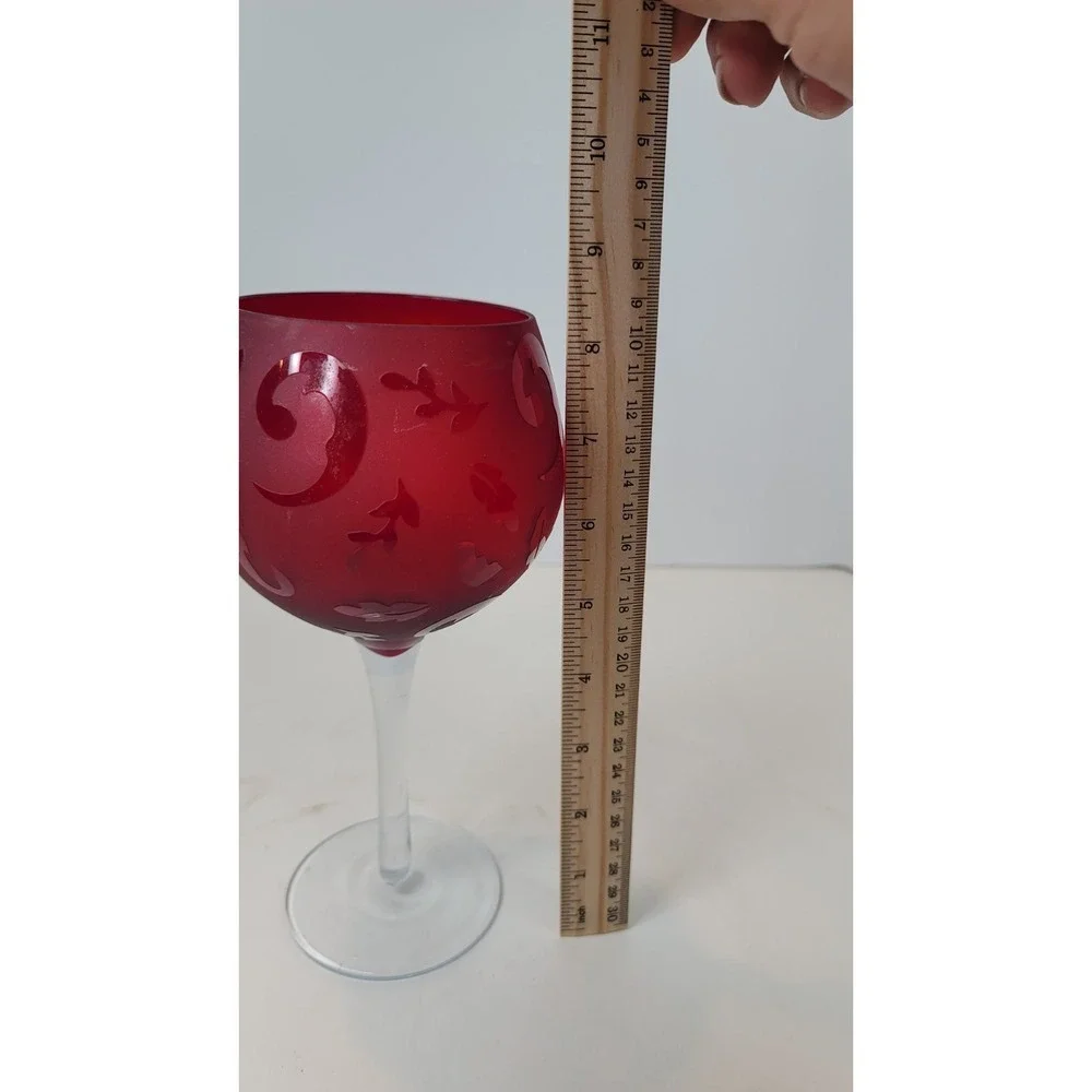 Ruby Red Glass Etched Floral Scrolls Pair of Toasting Balloon Wine Glasses